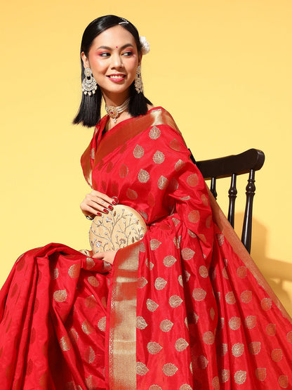 Women's Silk Blend Red Woven Design Celebrity Saree With Blouse Piece