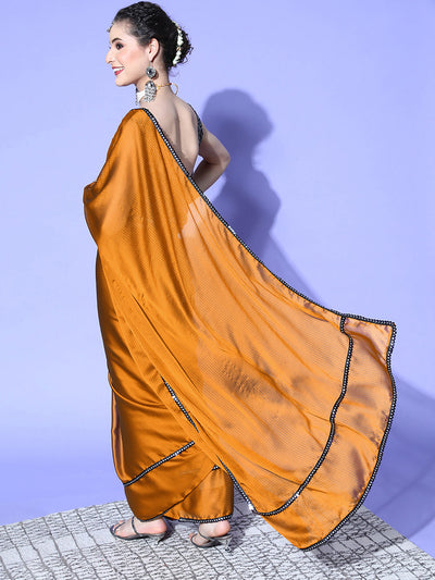 Women's Georgette Mustard Embellished Belted Sarees With Blouse Piece