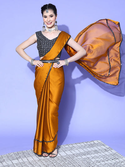 Women's Georgette Mustard Embellished Belted Sarees With Blouse Piece