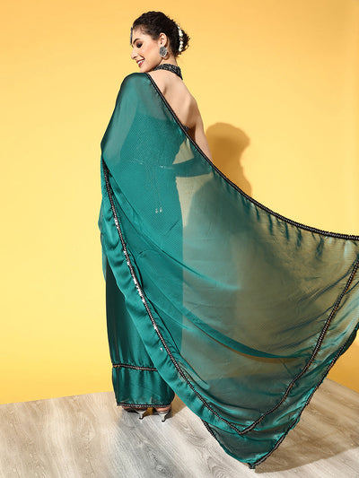 Women's Georgette Teal blue Embellished Belted Sarees With Blouse Piece
