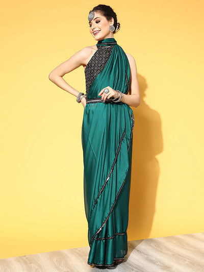 Women's Georgette Teal blue Embellished Belted Sarees With Blouse Piece