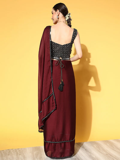 Women's Georgette Maroon Embellished Belted Sarees With Blouse Piece