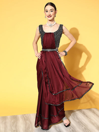 Women's Georgette Maroon Embellished Belted Sarees With Blouse Piece