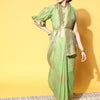 Women's Cotton Blend Green Woven Design Celebrity Saree With Blouse Piece
