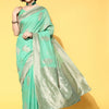 Women's Cotton Blend Turquoise Woven Design Celebrity Saree With Blouse Piece