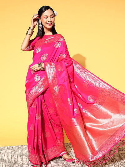 Women's Silk Blend Pink Woven Design Celebrity Saree With Blouse Piece