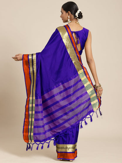 Women's Aura Silk Blue Woven Design Designer Saree With Blouse Piece