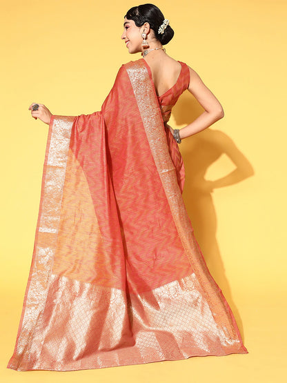 Women's Silk Blend Rust Woven Design Celebrity Saree With Blouse Piece