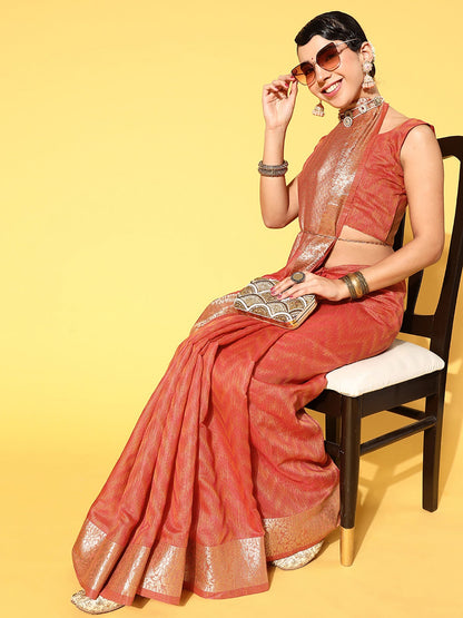 Women's Silk Blend Rust Woven Design Celebrity Saree With Blouse Piece