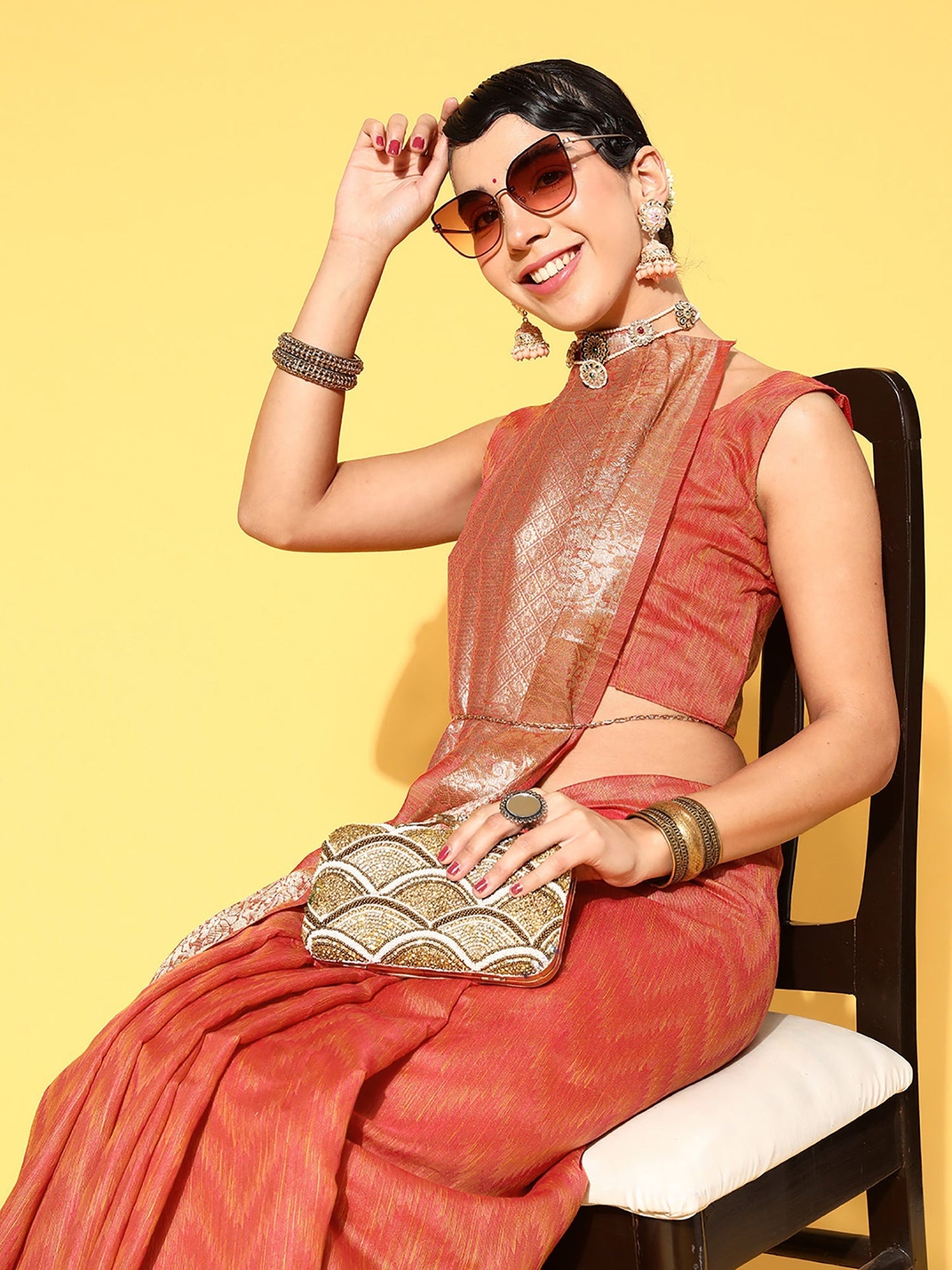 Women's Silk Blend Rust Woven Design Celebrity Saree With Blouse Piece
