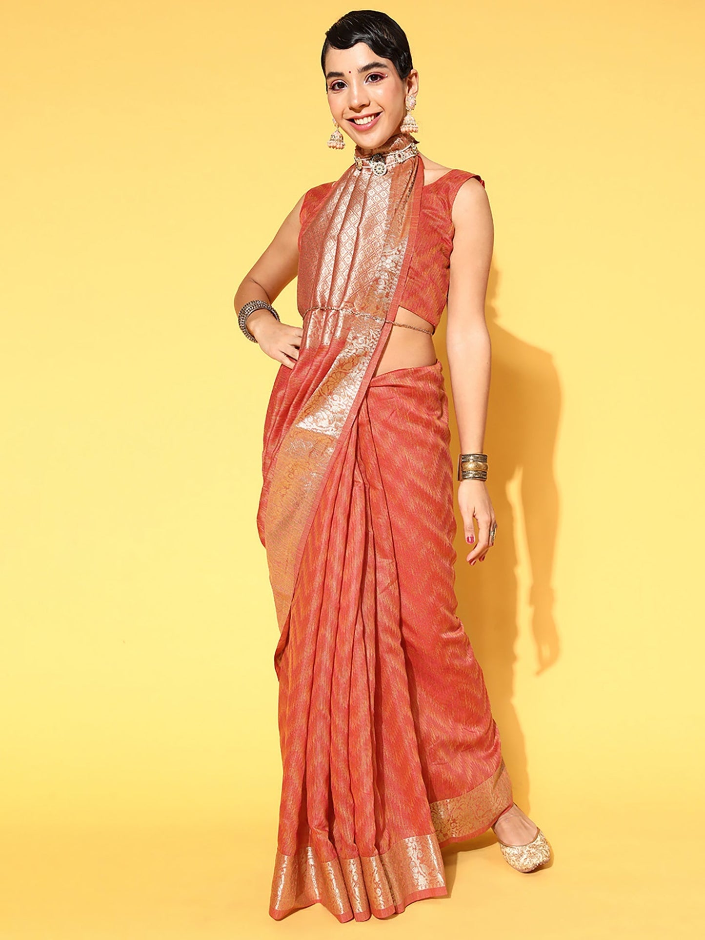 Women's Silk Blend Rust Woven Design Celebrity Saree With Blouse Piece