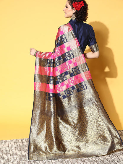Women's Silk Blend Pink Woven Design Celebrity Saree With Blouse Piece