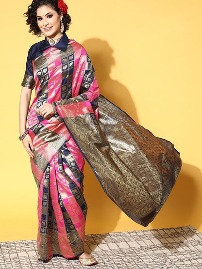 Women's Silk Blend Pink Woven Design Celebrity Saree With Blouse Piece