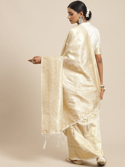 Women's Kanjeevaram Silk Cream Woven Design Woven saree With Blouse Piece