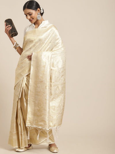 Women's Kanjeevaram Silk Cream Woven Design Woven saree With Blouse Piece