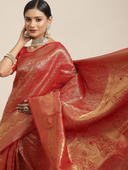 Women's Kanjeevaram Silk Red Woven Design Woven saree With Blouse Piece