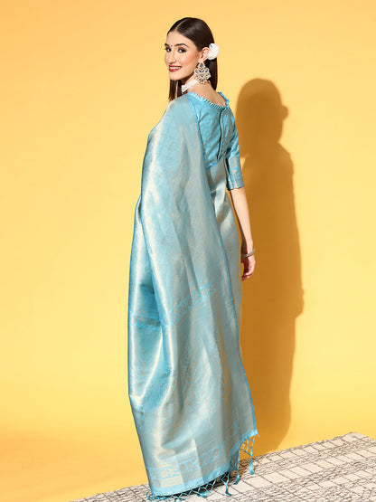 Women's Silk Blend Turquoise Woven Design Handloom Saree With Blouse Piece