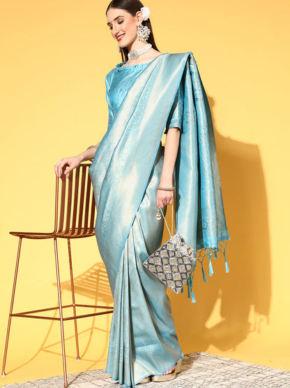 Women's Silk Blend Turquoise Woven Design Handloom Saree With Blouse Piece