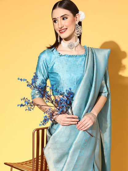 Women's Silk Blend Turquoise Woven Design Handloom Saree With Blouse Piece