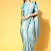 Women's Silk Blend Turquoise Woven Design Handloom Saree With Blouse Piece