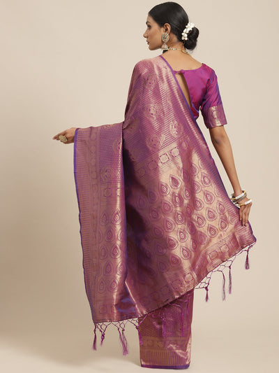 Women's Kanjeevaram Silk Purple Woven Design Woven saree With Blouse Piece