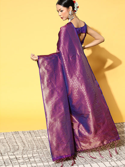 Women's Silk Blend Magenta Woven Design Celebrity Saree With Blouse Piece