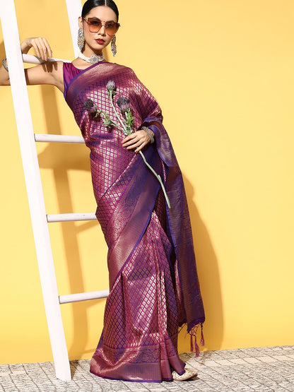 Women's Silk Blend Magenta Woven Design Celebrity Saree With Blouse Piece