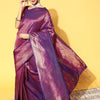 Women's Silk Blend Magenta Woven Design Celebrity Saree With Blouse Piece