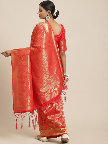 Women's Kanjeevaram Silk Red Woven Design Woven saree With Blouse Piece