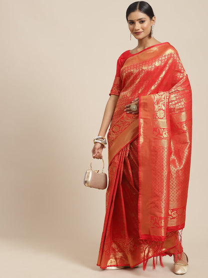 Women's Kanjeevaram Silk Red Woven Design Woven saree With Blouse Piece