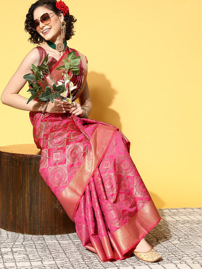 Women's Silk Blend Pink Woven Design Celebrity Saree With Blouse Piece