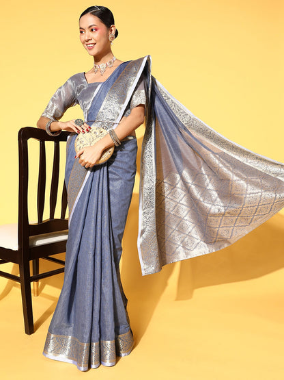 Women's Linen Blend Blue Woven Design Celebrity Saree With Blouse Piece