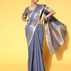 Women's Linen Blend Blue Woven Design Celebrity Saree With Blouse Piece