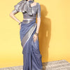 Women's Linen Blend Blue Woven Design Celebrity Saree With Blouse Piece