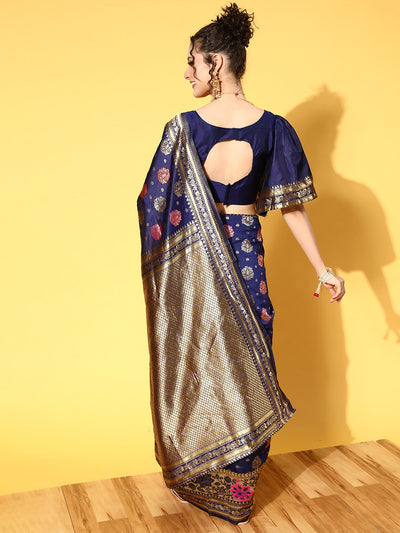 Women's Silk Blend Navy Blue Woven Design Celebrity Saree With Blouse Piece