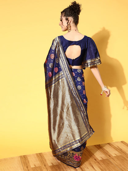 Women's Silk Blend Navy Blue Woven Design Celebrity Saree With Blouse Piece