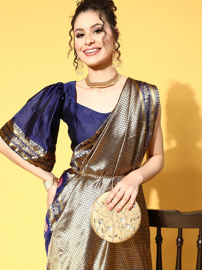 Women's Silk Blend Navy Blue Woven Design Celebrity Saree With Blouse Piece