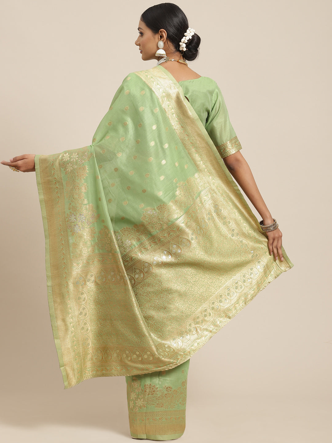 Women's Silk Cotton Green Woven Design Woven saree With Blouse Piece