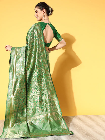 Women's Silk Blend Green Woven Design Celebrity Saree With Blouse Piece
