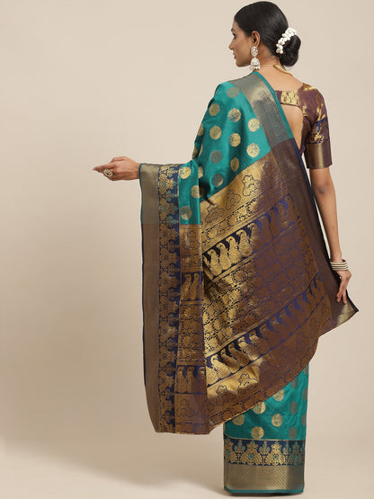 Women's Silk Blend Teal blue Woven Design Woven saree With Blouse Piece