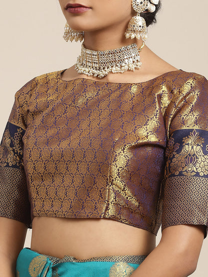 Women's Silk Blend Teal blue Woven Design Woven saree With Blouse Piece
