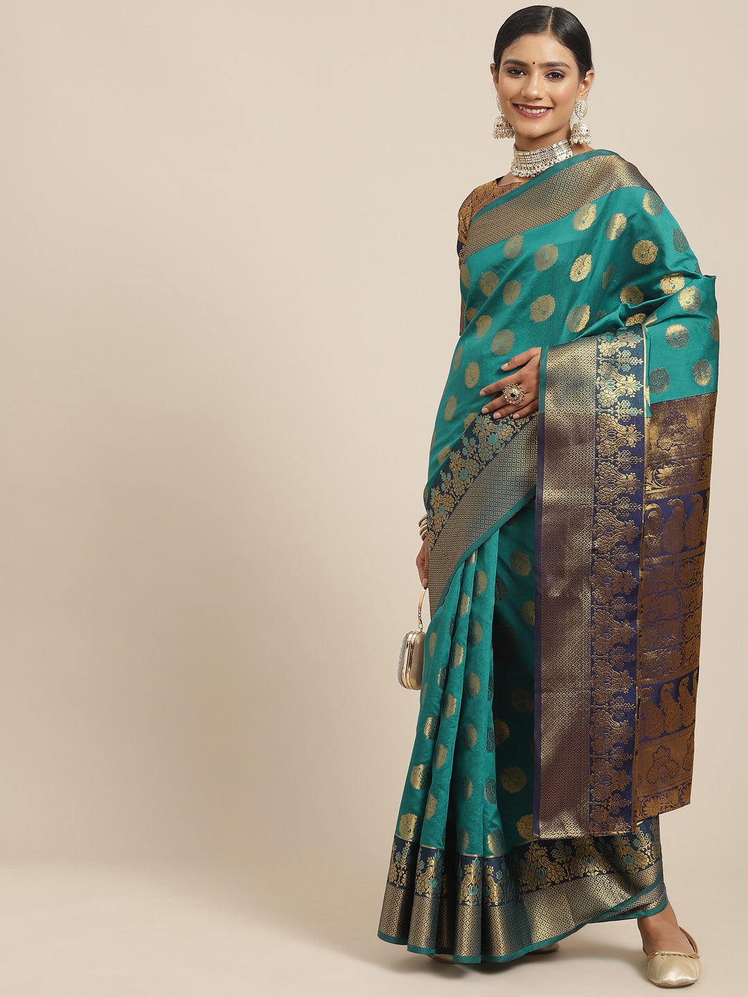 Women's Silk Blend Teal blue Woven Design Woven saree With Blouse Piece