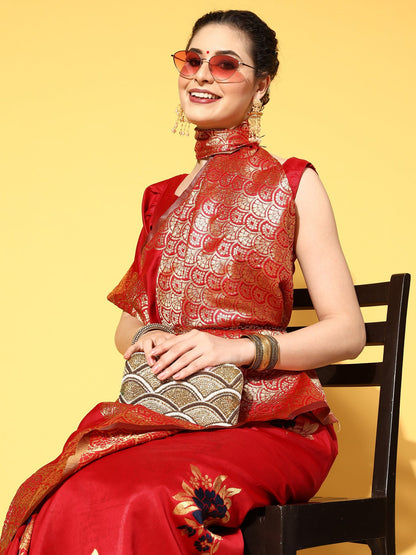 Women's Silk Blend Red Woven Design Celebrity Saree With Blouse Piece