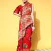 Women's Silk Blend Red Woven Design Celebrity Saree With Blouse Piece