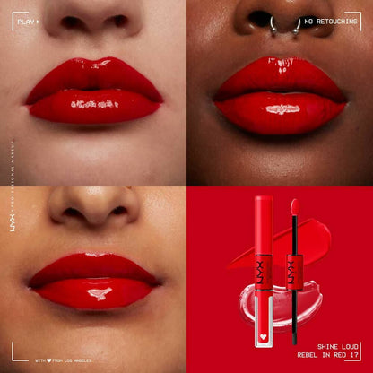 NYX Professional Shine Loud High Shine Lip Color and Gloss in Rebel In Red, liquid lipstick with a glossy finish for bold lips.
