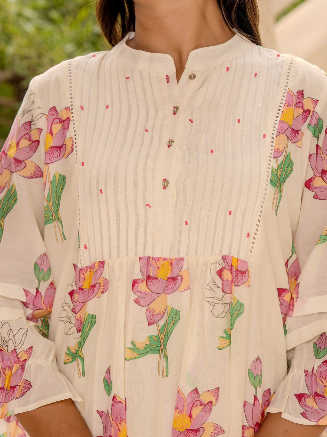 Women Floral Printed Mandarin Collar Pure Cotton A-Line Kurta with Trousers
