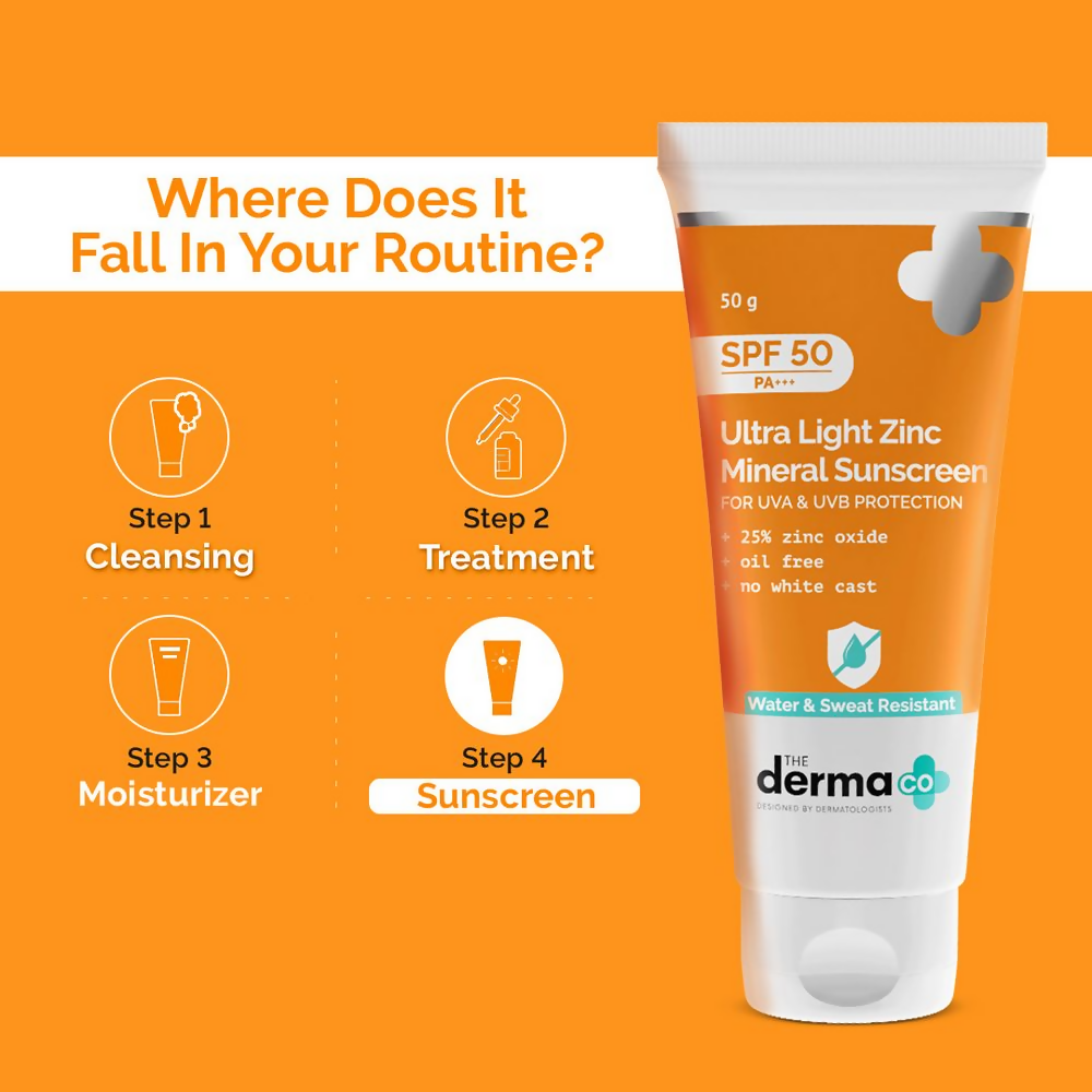 The Derma Co Ultra Light Zinc Mineral Sunscreen with SPF 50 in a tube, showing the product packaging and branding.