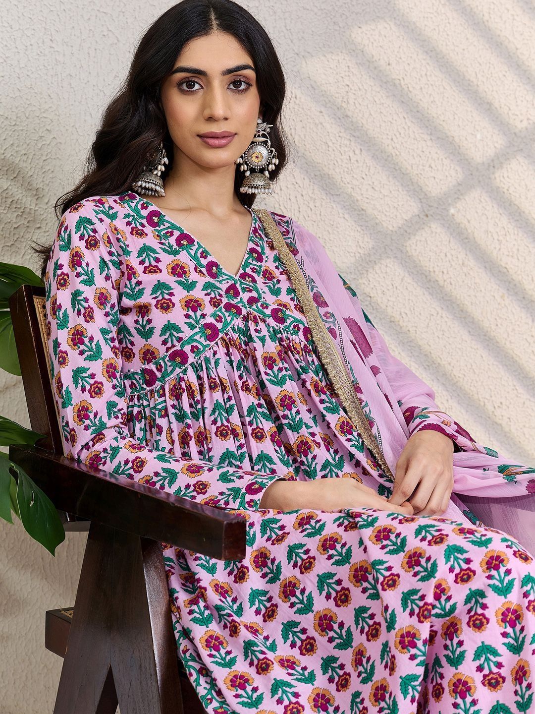 Women Floral Printed Empire Pure Cotton Kurta with Trousers & Dupatta