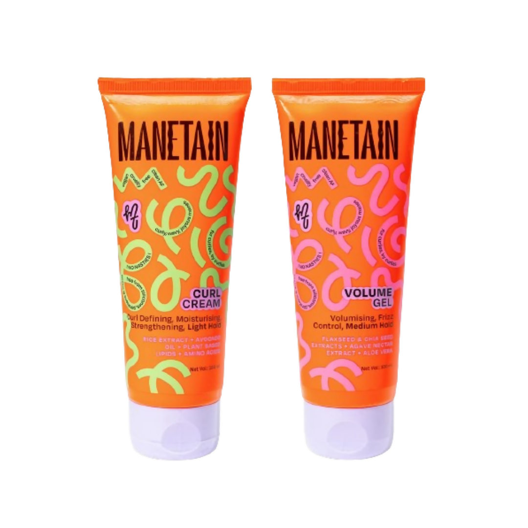 Manetain Volume Gel and Curl Cream combo for styling, with bottles of hair gel and curl cream shown in the image.