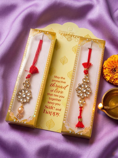 Anouk Set Of 2 Red Kundan Studded Floral Design Bhaiya Bhabhi Rakhi With Roli Chawal